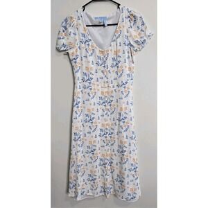Draper James Dress Womens 4 White Blue Bird Floral Print Button Front Puff SMALL